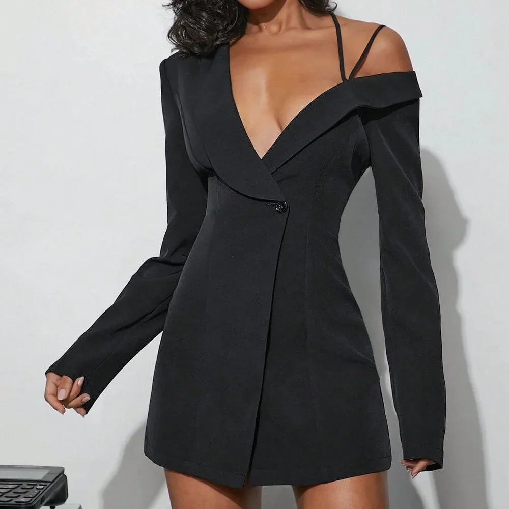 Black Elegant Women's Sexy Solid Asymmetrical Blazer Mini Dress